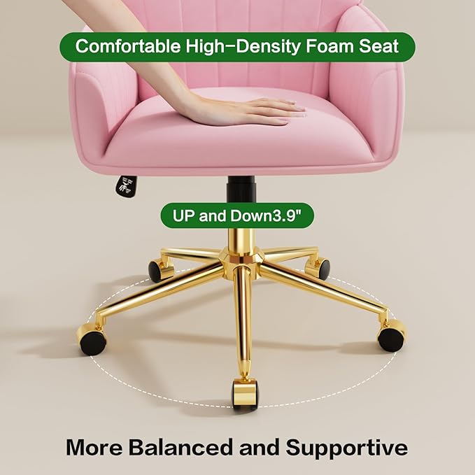 Pink Velvet Desk Chair with Pillow, Upholstered Home Office Desk Chair Makeup Vanity Chair with Swivel Wheels, Ergonomic Office Chair Computer Task Chair for Living Room, Bedroom