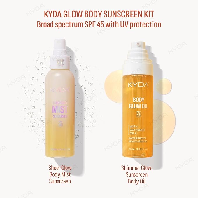 KYDA Glow Sunscreen Kit, Includes SPF 45 Body Glow Oil + Sheer Body Sunscreen Spray, Summer Beach Essentials Gift Set, Water Resistant, Moisturizing, GOLD