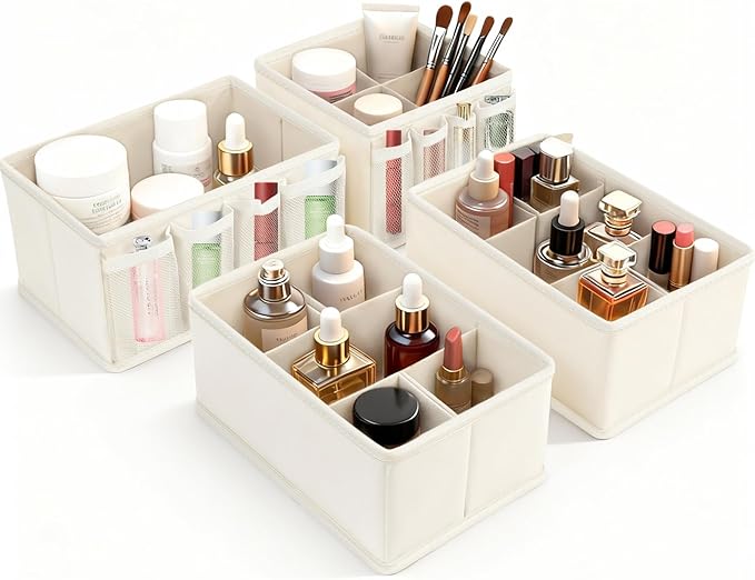 VERONLY Cosmetic Storage Bins Makeup Organizer, Adjustable Multifunction Storage Box Desk Drawer Divider for Makeup Brushes, Bathroom Countertop or Dresser, Set of 4