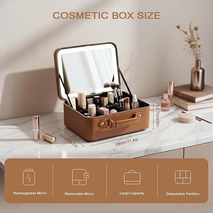 Prite Makeup Bag With LED Mirror 3 Light Modes Adjustable Brightness, Travel Cosmetic Train Case with Adjustable Dividers & Brush Holder, Portable Makeup Artist Organizer Bag for Women(Brown)