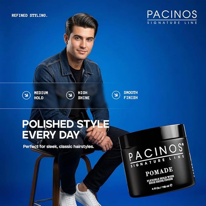 Pacinos Pomade - Flexible Hold, Frizz Control - High Shine Pomade for All Hair Types - 4oz