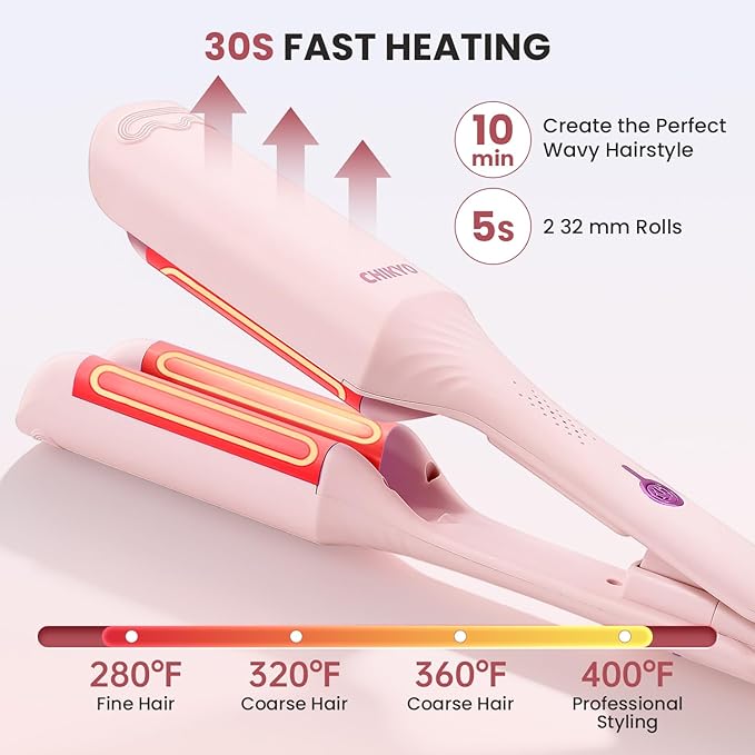 CHIKYO Upgraded 3 Barrel Hair Crimper Waver - 32mm Rovy Wave Curling Iron, 1.25 Inch Ionic Curling Wand, Deep Waver Hair Curler Hot Tool with Ceramic for Women, Dual Voltage, Easy to Use