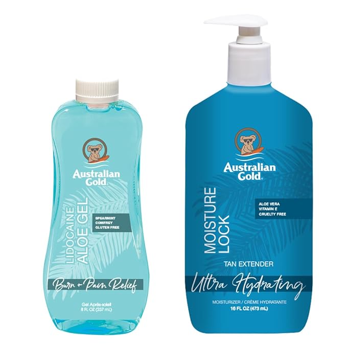 Australian Gold Moisture Lock Tan Extender (16 Fluid Ounce) and Aloe Vera Freeze Gel with Lidocaine (8 Fluid Ounce), Hydrating Body Lotion and Aloe Vera Gel for Skin (Pack of 2)