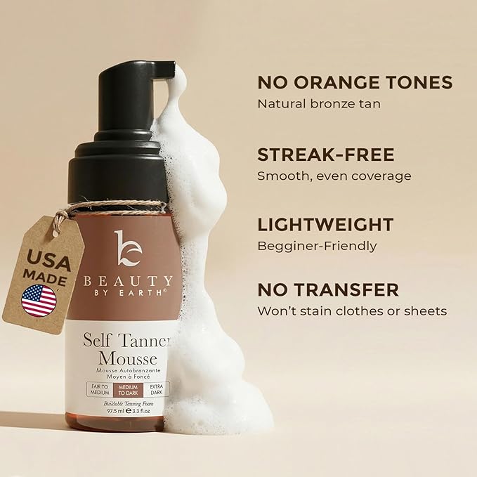 Self Tanner Mousse - USA Made with Natural & Organic Ingredients, Self Tanning Mousse for Dark Fake Tan, Sunless Tanner, Clear & Non Toxic Tanning Foam for Streak Free Finish & Natural Glow