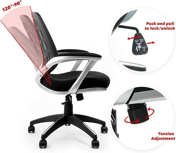 CLATINA Ergonomic Office Chair, Mesh Mid Back Swivel Task Chair with Adjustable Height, Comfortable Thickened Seat Lumbar Support Home Computer Desk Chair for Home Working Study Gaming, Black