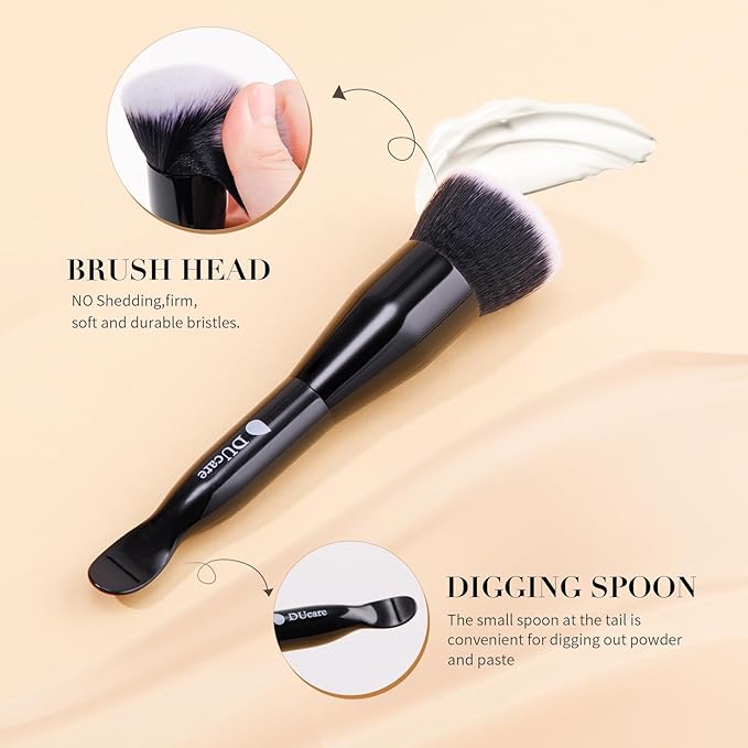 DUcare Foundation Brushes Flat Top Self Tanner Brush Dual-Ended Kabuki Brush with Spoon Handle for Liquid, Cream and Powder Face Makeup With Handle