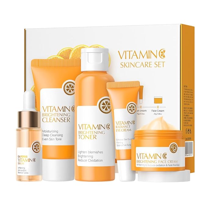 Vitamin C Face Skin Care Set For Women Teen Girls,5 Pcs Vitamin C Women Beauty Gift Set with Cleanser, Toner, Serum, Eye Cream and Face Cream,Travel Size Facial Skin Care Routine Kit