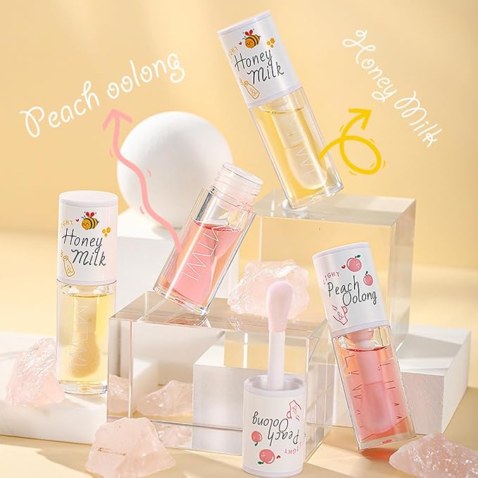 2pcs Peach Honey Lip Gloss, Moisturizing Lip Essence, Plumping Lip Oil Crystal Jelly Lip Oil Balm, Long-Lasting Nourishing Vitamin E Lip Glow Oil Non-Stick Fresh Texture Lip Care Liquid