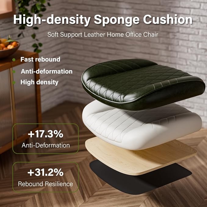 Green Leather Office Desk Chair with Quiet Rubber Wheels, Height Adjustable, Padded Arms, Vintage Mid Century Office Chair, Retro Style Desk Chair
