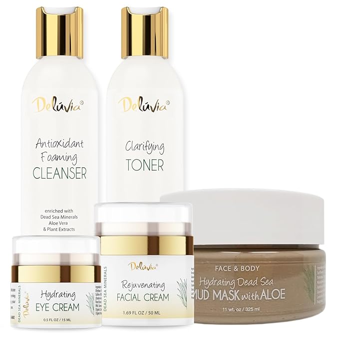 Deluvia Premium Facial Kit, Skin Care Products Set, Gentle Foaming Cleanser Face Wash, Clarifying Facial Toner, Face Moisturizer, Hydrating Under Eye Cream, Dead Sea Mud Mask