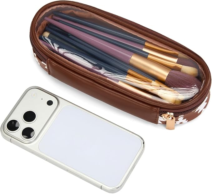 Montana West X Wrangler Travel Makeup Bag 2pcs Set Large Cosmetic Bag with Makeup Brush Holder Portable Make Up Organizer Cute Toiletry Bag with Divider and Handle for Women Aztec