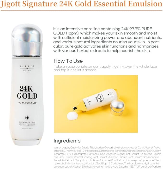 Jigott - Signature 24K Gold Essential Skin Care 3 Set - Toner (150ml), Emulsion (150ml), Cream (50ml) - Korean Skincare for Healthy and Glowing Skin