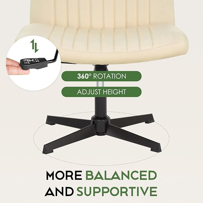 PayLessHere | Criss Cross Chair | Beige | Wide, Armless Desk Chair Without Wheels | 360 Swivel, Height Adjustable & Stable Metal Base | for Office, Home Office, Vanity Seating