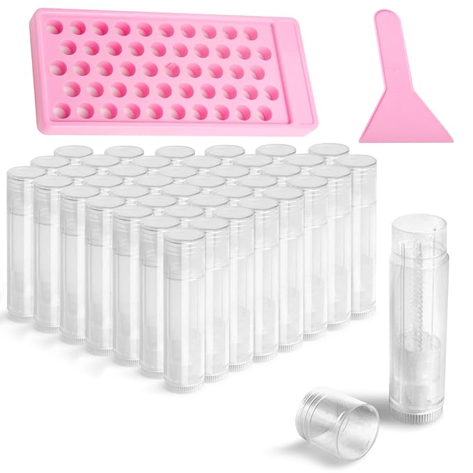 Lip Balm Tubes Kit with Tray and Scraper - 50 Pack 5.5ml (3/16 Oz) BPA-Free Lip Balm Containers, Leak-Free Empty Lipstick Tubes for DIY Lip Tube Filling Making Kits