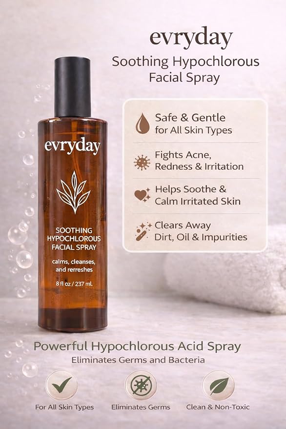 evryday™ Hypochlorous Acid Spray for Face and Body 8oz | Gentle Facial Hydration Mist for Sensitive, Irritated and Acne-Prone Complexions | pH-Balanced Daily Toner & Piercing Care Support