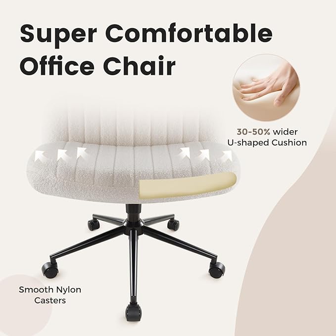IWMH Criss Cross Chair Cross Legged Office Chair with Wheels Armless Wide Seat Desk Chairs Height Adjustable Computer Task Chairs Swivel Vanity Chair for Home Office Bedroom Make Up Teddy Fabric White
