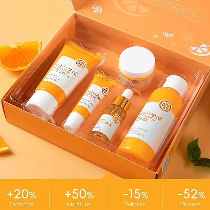 5 Piece Vitamin C Skincare Set, Moisturizing Face Skin Care Kit With Facial Cleanser, Face Serum, Face Cream, Eye Cream, Toner For Hydrating Skin, Anti-Aging Skincare Gift Set For Teenage Girls