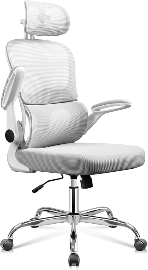 DEVAISE Ergonomic Mesh Desk Chair, Separated-Adjustable Lumbar Support，Large Cushion, Flip-up Armrests, 90-125° Rocking Tilt, for Home Office Computer Gaming, White&Grey