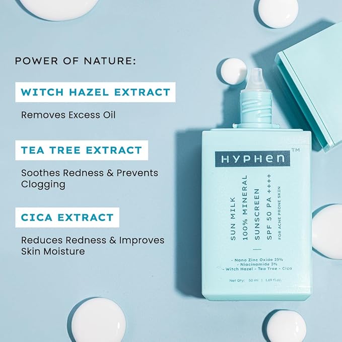 Hyphen Sun Milk 100% Mineral Sunscreen Spf 50 Pa++++ Uv+ Bluelight Protection, 25% Nano Zinc Oxide | Sensitive, Acne Prone & Oily Skin, Water Resistant Sun Protect | For Women And Men - 50 Ml