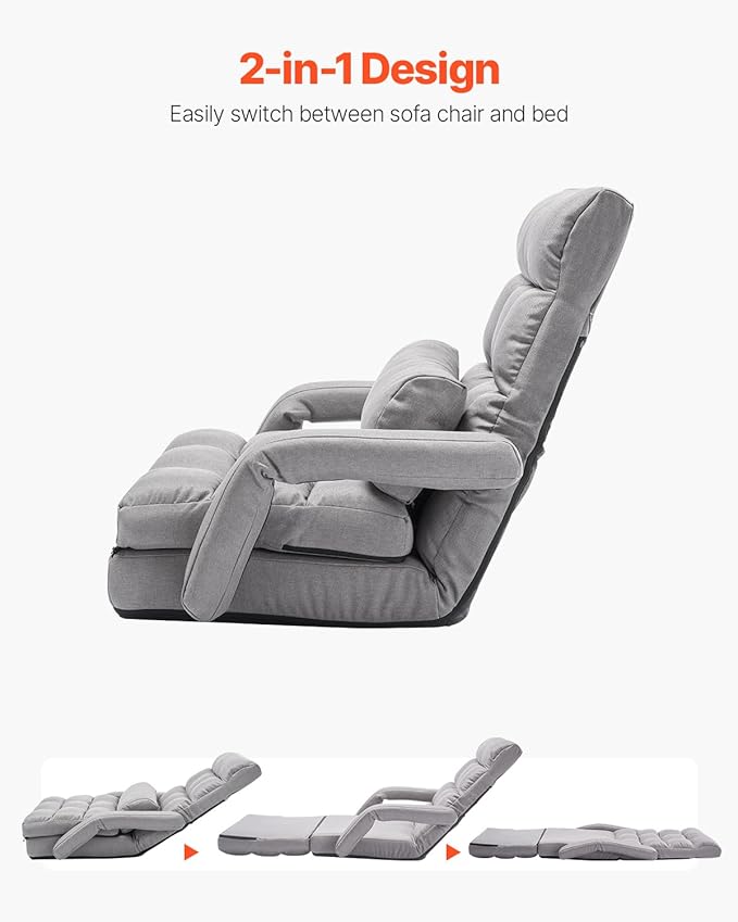VEVOR Floor Chair, Floor Gaming Chair with 5 Adjustable Position and Back Support, Folding Sofa Chair with Armrest for Adults, Sofa Lounger Bed with Back Cushion for Living Room and Bedroom, Gray