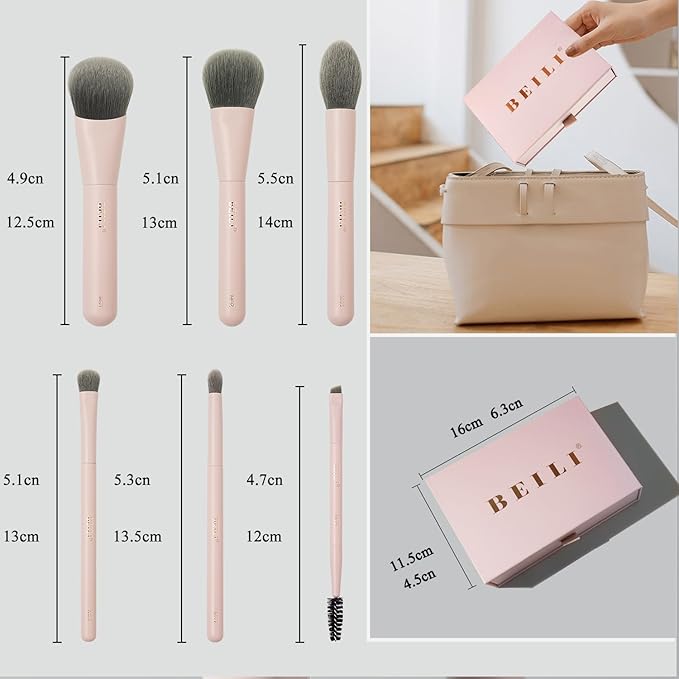 BEILI Mini 6Pcs Makeup Brush Set – Soft Pink, Travel Makeup Brushes for Foundation, Contour, Highlighter & Blending, Includes Sponge and Gift-Ready Box