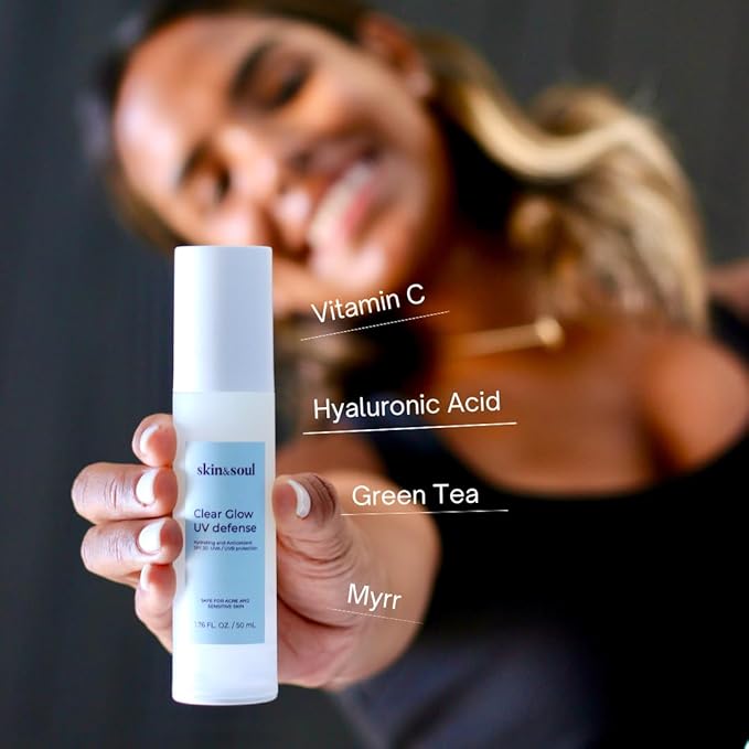 Skin & Soul Clear Glow UV Defense SPF 50 – Lightweight Sunscreen for Sensitive & Acne-Prone Skin – Vitamin C, Hyaluronic Acid & Green Tea – No White Cast – 1 fl oz