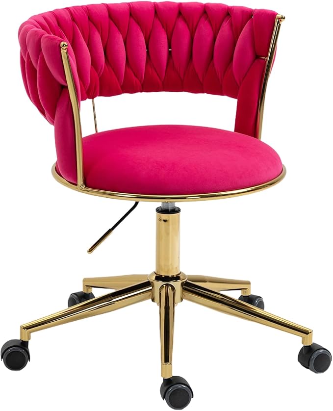 NIOIIKIT Velvet Office Desk Chair with Hand Woven Backrest, 360° Swivel & Height Adjustable Task Chairs, Makeup Chair, Computer Chair with Stainless Base and 5 Wheels (Rose Red)