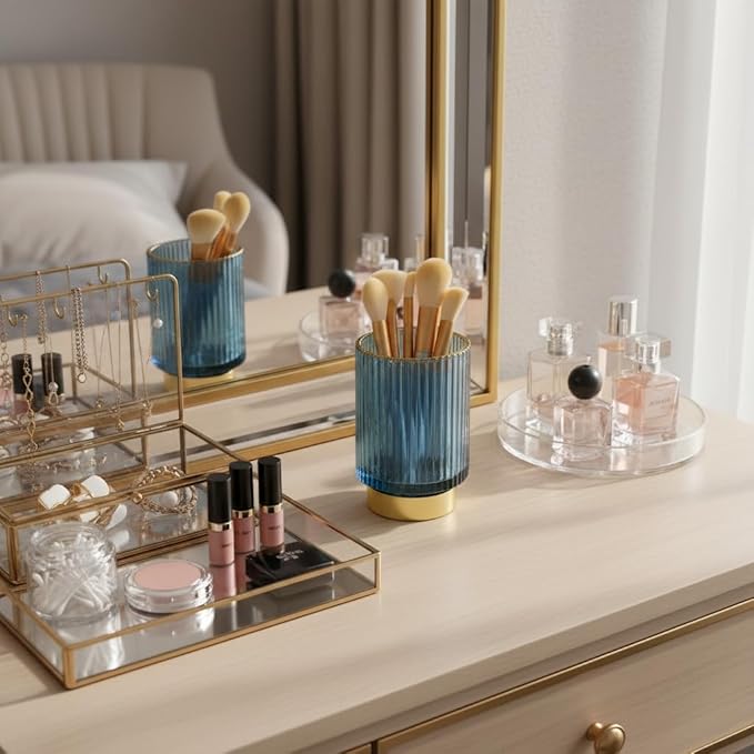 Vintage Makeup Brush Holder Organizer,Dresser Glass Brushes Holder,Vanity Cosmetic Brush Holder,Desktop Crystal Eyeliners Eyebrow Pencil Storage Cup Holder for Countertop (Large Blue)