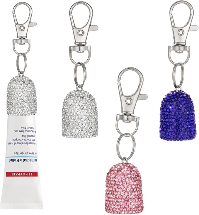 3pcs Lip Balm Keychain Holder Bling Lip Gloss Key Chain Cap Portable Lipgloss Case