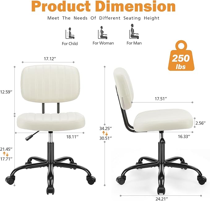 Sweetcrispy Small Office Computer Desk Chair with Wheels and Lumbar Support, Comfy Cute Armlees PU Leather Vanity Rolling Swuvel Task Chair No Arm for Adult, Student, Crame White