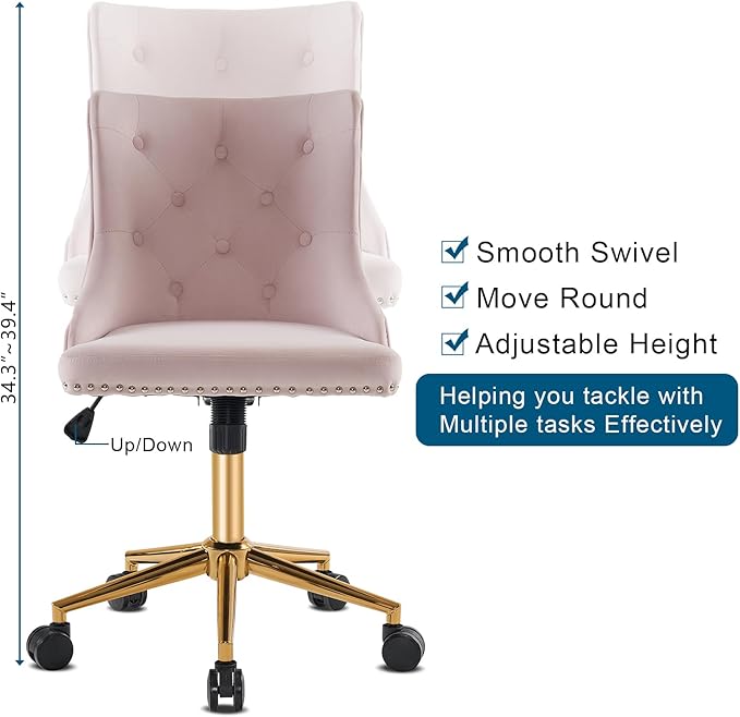 VINGLI Light Pink Velvet Armless Home Office Desk Chair with Gold Base/Wheels,Cute Vanity/Makeup Chair with Back for Bedroom, Upholstered Adjustable Rolling Swivel Nail Chair for Women/Girls