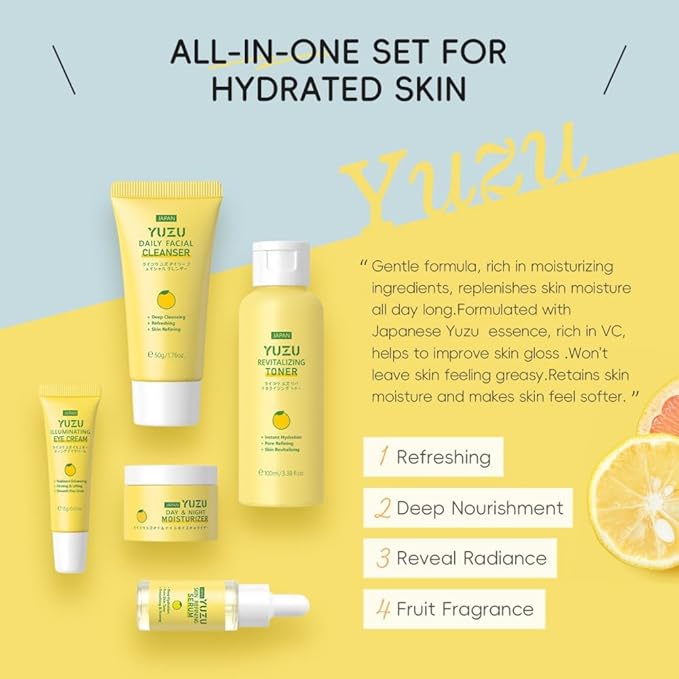Yuzu Skin Care Set, 5 Pcs Yuzu kin Care Kit with Face Wash, Toner, Serum, Eye Cream and Face Moisturizer Cream, Hydrating and Smooth Skin, Travel Size Skincare Set for Women Girls