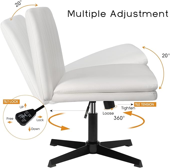 PUKAMI Criss Cross Chair,Comfy Cross Legged Office Desk Chair No Wheels,Modern Fabric Swivel Adjustable Height Mid Back Wide Seat for Home Office Computer (Pu White)