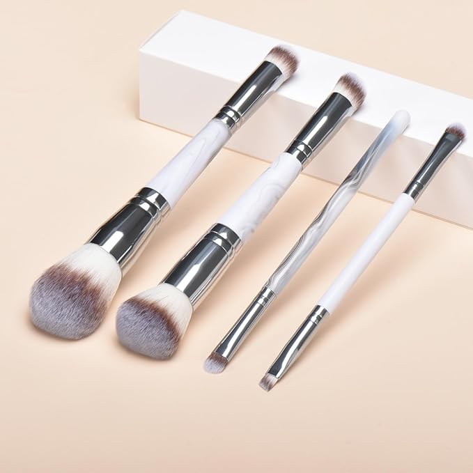 4PCS Gray Dual-Ended Makeup Brushes Set, Professional Powder Blush Concealer Eyeshadow Kabuki Foundation Brush Kit, with Travel Pouch, Soft Vegan Synthetic Bristles
