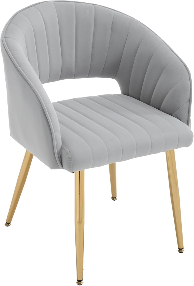 Modern Velvet Vanity Chair, Home Office Desk Chair with Hollow Back, Upholstered Dining Chair with Gold Metal Legs, Comfy Accent Armchair for Living Room Bedroom, Gray