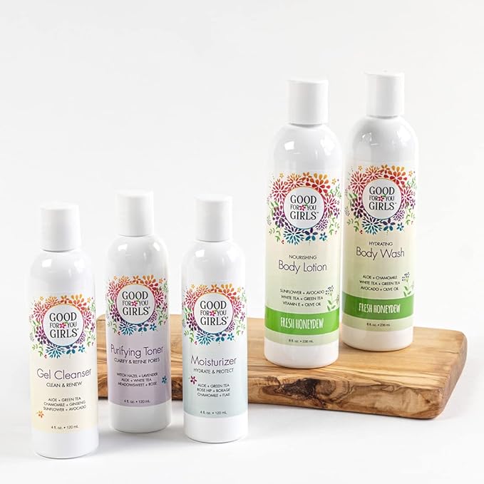 Good For You Girls GIFT SET for Face & Body – Contains: Gel Cleanser, Purifying Toner, Moisturizer, Body Wash Soft Powder Scent, Body Lotion Fresh Honeydew Scent, Made in the USA | GIFT SET 5 Pieces