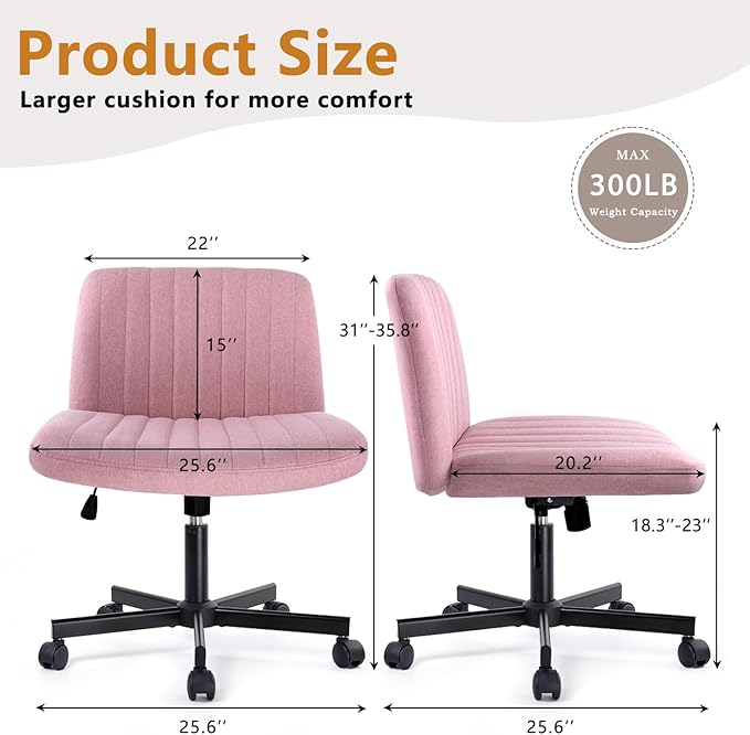 Criss Cross Chair, Fabric Armless Cross Legged Home Office Chair for Vanity, Wide Seat Swivel Criss Cross Desk Chair, Height Adjustable Vanity Chair with Wheels and Back, Pink