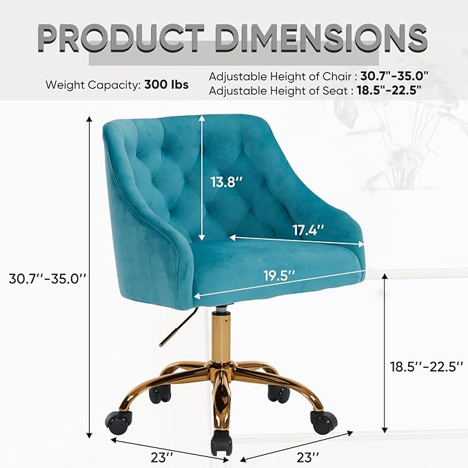 MOJAY Velvet Office Swivel Chair, Vanity Fabric Desk Pretty Fancy Gold Office Chairs for Girls, 360°Swivel Height Adjustable Reception Chair (Lake Blue)