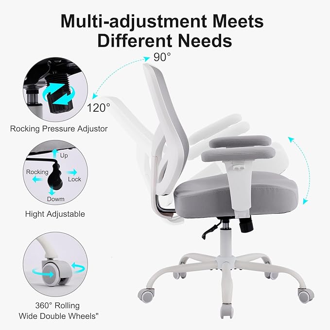 YFO Ergonomic Office Chair, Mesh Computer Desk Chair with Adjustable Back Lumbar Support and Armrests, Comfy Executive Rolling Swivel Task Chair for Home Office, Grey