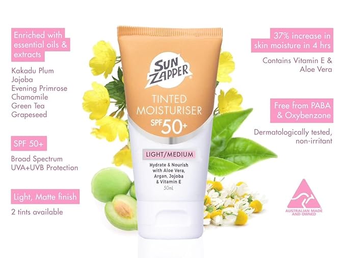 Sun Zapper BB Cream Tinted Moisturizer Sunscreen SPF 50+ Light Medium – Face Sunscreen with Kakadu Plum and Jojoba Oil, Broad Spectrum UV Protection, Botanical Oils, 50mL (1.69 oz), Australian Made
