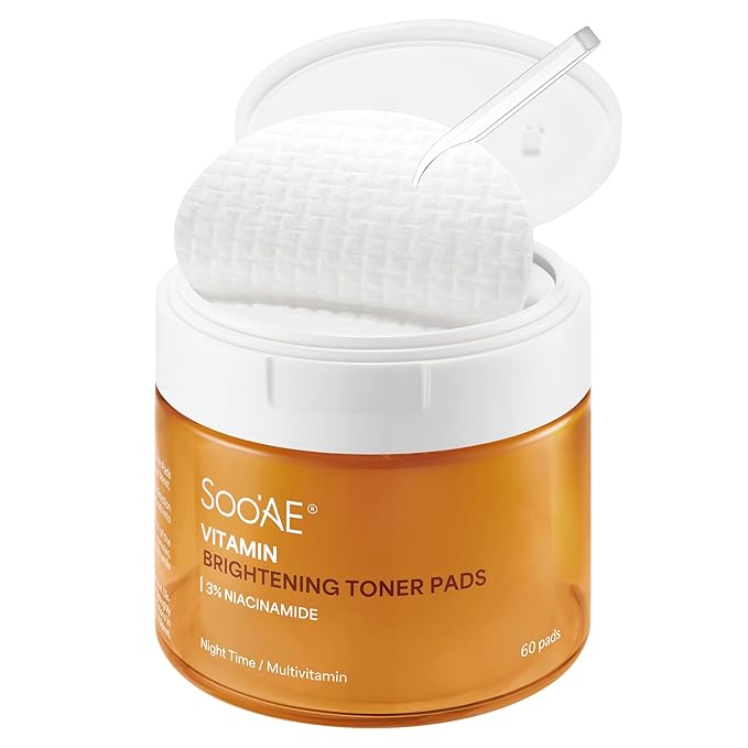 Soo'AE Vitamin Brightening Toner Pads, 60 Gentle Exfoliating Pads I 8 Types of Multivitamins, Radiant Skin Niacinamide, Cruelty-Free, Korean Skincare