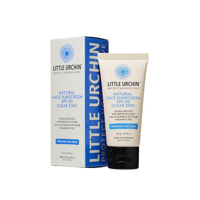 Little Urchin Natural Clear Zinc Face Sunscreen – SPF 50, Reef Safe, Water Resistant, Fragrance Free – Enriched with Jojoba Oil – 50g – Australian Made for Families, Kids & Babies 6mths+