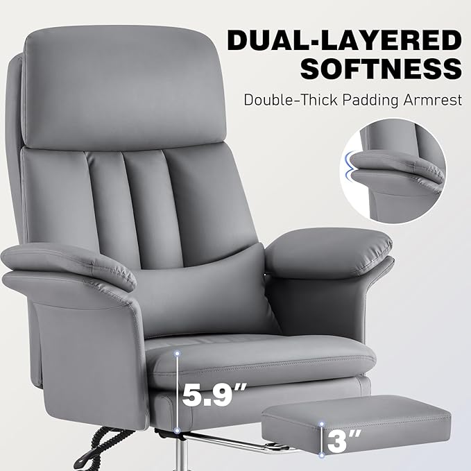 Comfortable Home Office Chair with Footrest 400lbs, Premium PU Leather Office Chair with High Back Adjustable Lumbar Support Double-Layered Armrests,Reclining Chairs,Gray