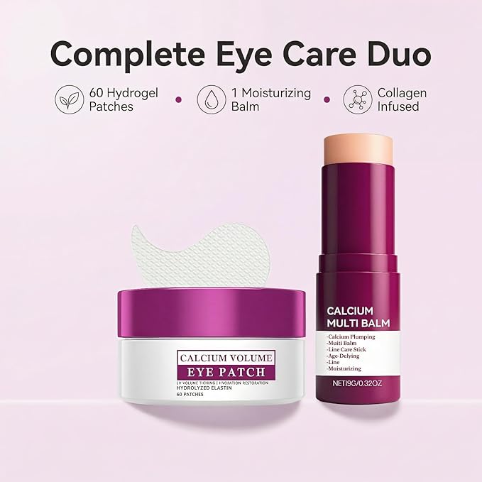 Eye Care Duo – Calcium Multi Balm Stick + Hydrogel Under Eye Patches (60ea, 30 Pairs), Collagen Moisturizing & Hydrating Treatment for Eyes, Neck & Wrinkles, Travel-Friendly Skincare Set
