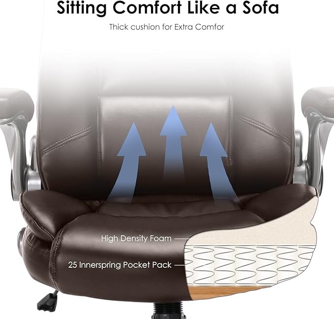 Leather Executive Office Chair - High Back Home Computer Desk Chair with Padded Flip-up Arms, Adjustable Tilt Lock, Swivel Rolling Ergonomic Chair for Adult Working Study, Brown