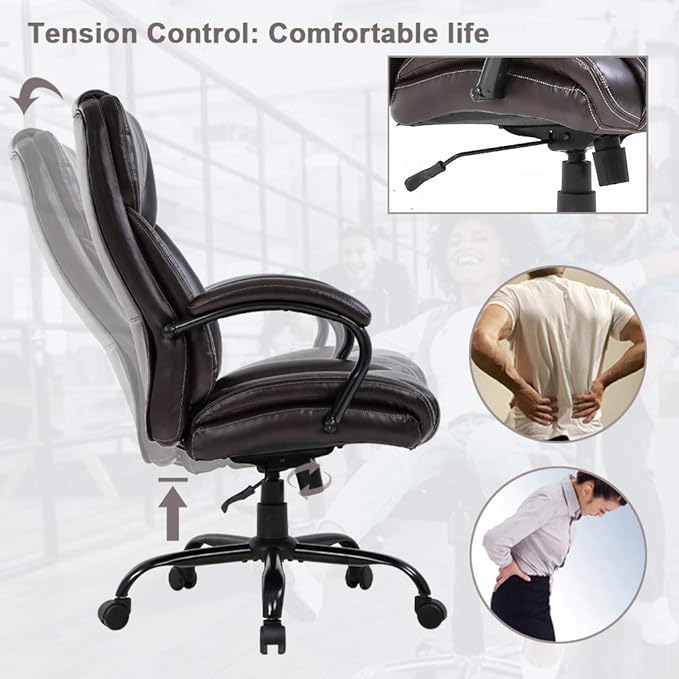 Big and Tall Office Chair 500lbs Wide Seat Ergonomic Desk Chair Task High Back Executive Chair Rolling Swivel PU Computer Chair with Lumbar Support Armrest Adjustable Chair for Heavy People, Brown