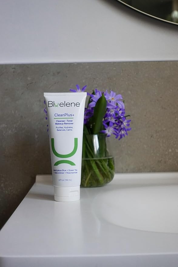 Bluelene CleanPlus+ Face Cleanser/Toner/Makeup Remover with Super Antioxidant Methylene Blue, Niacinamide, and MicroSilver. Gentle, Aloe Vera-Based Formula. Suitable for Sensitive Skin