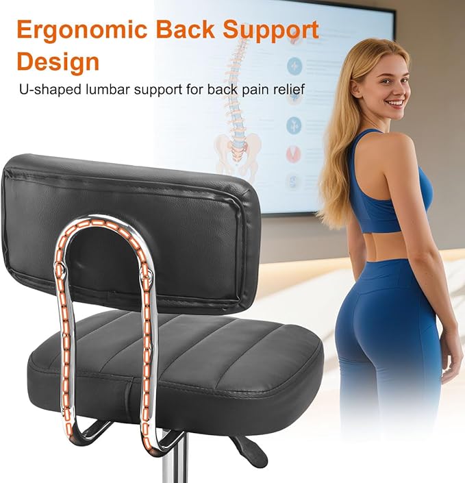 JOSTZHXIN Office Desk Chair with Wheels, Rolling Stool with Backrest Height Adjustable, Swivel Stool with Low Back Lumbar Support, Square PU Leather Swivel Chair with Back