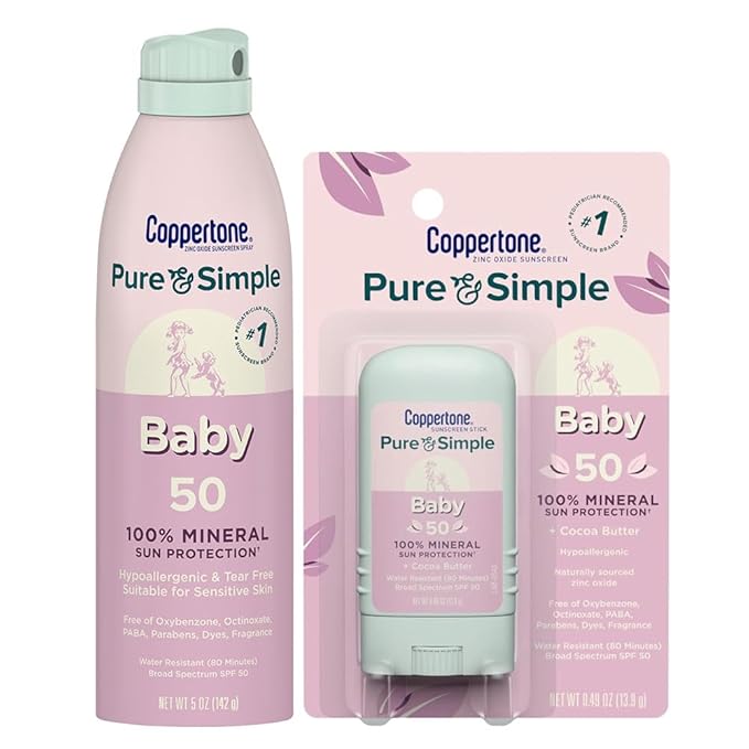 Coppertone Pure and Simple Baby Mineral Sunscreen Spray SPF 50 (5 Oz), Tear Free + Baby Sunscreen Stick SPF 50 (0.49 Oz), Hypoallergenic and Fragrance Free