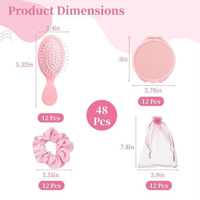 48 Pcs Pink Party Favors, Pink Makeup Party Supplies, Including Hair Brushes, Elastic Scrunchies, Pocket Cosmetic Mirrors, and Organza Bags, Makeup Brush Accessories (48PCS)